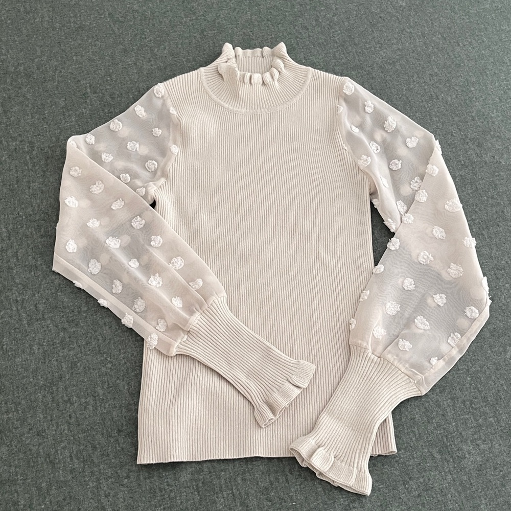 Anthropologie Cream Turtleneck Sweater with Sheer Sleeves